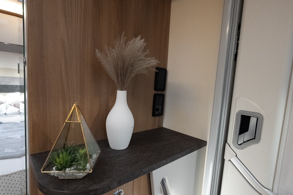 A small, modern shelf inside a room features a white vase with dried pampas grass and a geometric terrarium containing green succulents. The wooden wall behind the shelf provides a warm contrast, while an electrical outlet is visible next to the vase. Part of a door is visible on the right, reminiscent of the sleek interior design you'd find in a 2022 Bailey Autograph 74-4