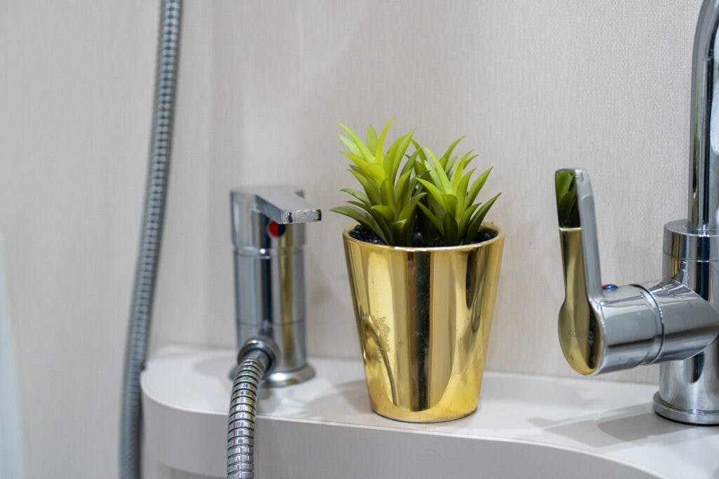 A small potted plant with green leaves in a gold pot is placed next to a stainless steel tap and hose on a white surface, reminiscent of the sleek finishes found inside the 2019 Elddis Autoquest 196 Signature Edition. The background features a textured, light-colored wall.